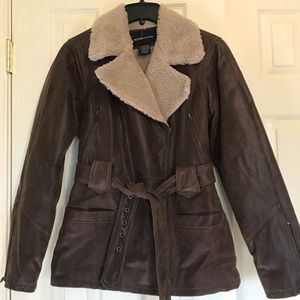 Belted Leather and Faux Shearling Aviator Coat by Moda Intl